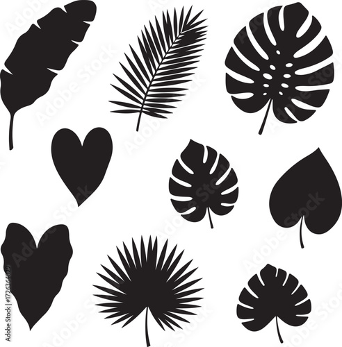 Botanical Silhouettes: A collection of elegant botanical silhouettes, featuring a heart, along with a variety of diverse leaves, carefully curated to evoke a sense of organic beauty and versatility.