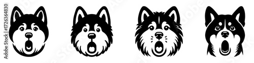 Modern Minimalist Alaskan Malamute Dog Head Portrait Surprised Icon, Flat Silhouette of a Dog Vector for Pet Illustration Design