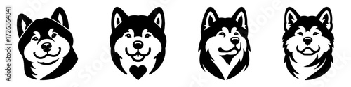 Modern Minimalist Alaskan Malamute Dog Head Portrait Loving Icon, Flat Silhouette of a Dog Vector for Pet Illustration Design