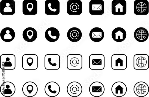 contact and communication icons set.  Includes home, map pin, phone call at symbol. Contact information icons for business cards
