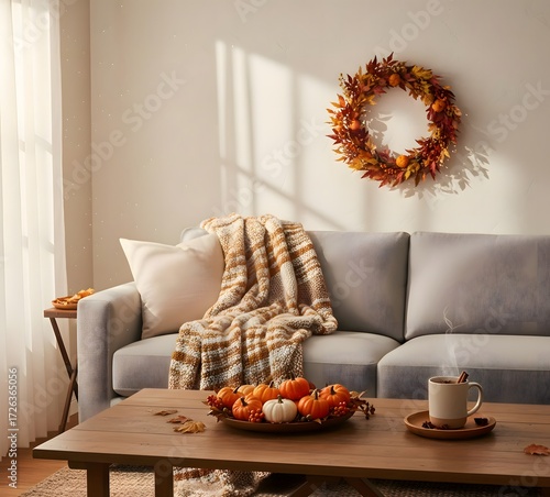 Cozy Living Room Interior Decorated for Autumn with Fall Leaf Wreath, Gray Couch, Pumpkins, Knitted Throw, and Steaming Hot Drink