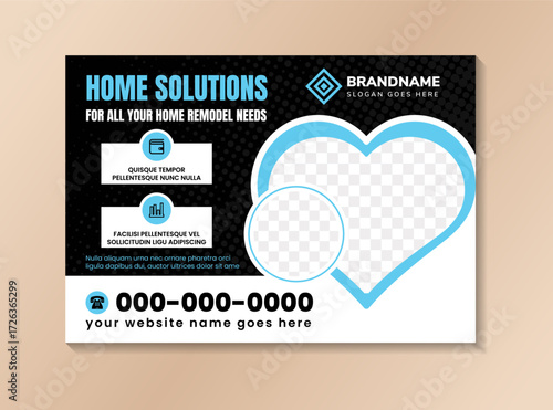 Horizontal banner for home solutions template design. blue and white on elements isolated on black background. heart and circle shapes for photo space. transparency of dot circle halftone pattern. 