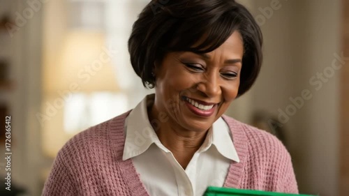 Smiling woman in a cozy setting, enjoying a moment of happiness.