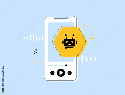 AI music composition with algorithms creating original tracks, blending technology and creativity, exploring machine learning in sound design and digital art, vector illustration