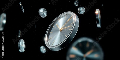 Multiple Silver Clocks Floating in Abstract Dark Space | Time, Deadline, and Eternity Concept