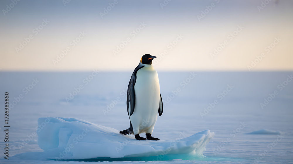 Obraz premium A solitary emperor penguin stands on a piece of floating ice in a vast, icy landscape.