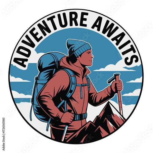 Adventurous hiker gazes at the horizon with backpack and trekking poles