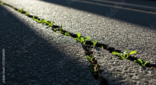 Fototapeta Naklejka Na Ścianę i Meble -  Resilient green growth breaking through cracks in urban asphalt nature's tenacity in concrete jungle