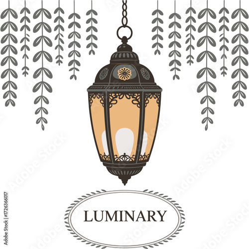 Ornate hanging lantern with decorative leafy garlands