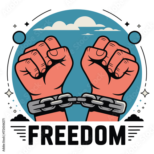 Hands breaking chains towards freedom with a hopeful sky