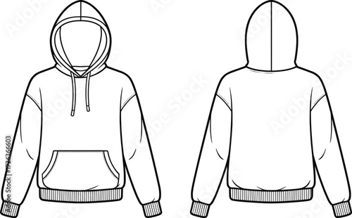 Hoodie front and back technical drawing, fashion sweatshirt vector template, casual unisex apparel design, streetwear garment sketch, clothing illustration outline