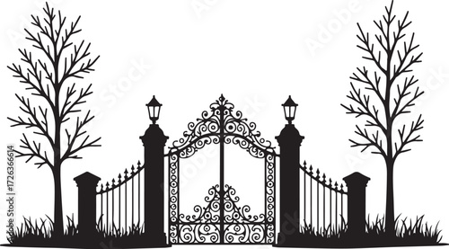Black silhouette ornate wrought iron gate with trees and lamps 2