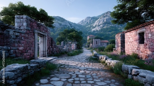 Ancient Fortress Ruins in Cinematic HDR with Stone Arches Lush Greenery and Distant Mountains Under a Bright Sky