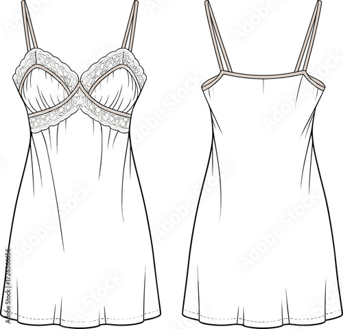 Lingerie slip flat sketch, CAD fashion drawing, nightwear technical illustration, lace detail dress vector, clothing design template, intimate apparel design