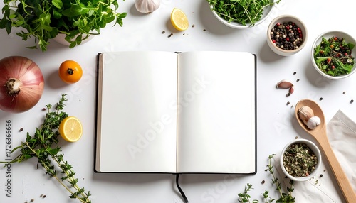 Open cookbook surrounded by fresh ingredients on a white surface