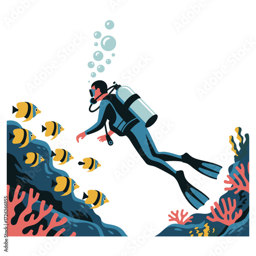 Scuba diver explores vibrant coral reef with tropical fish