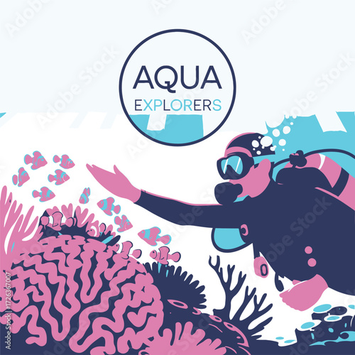 Scuba diver explores vibrant coral reef with school of fish