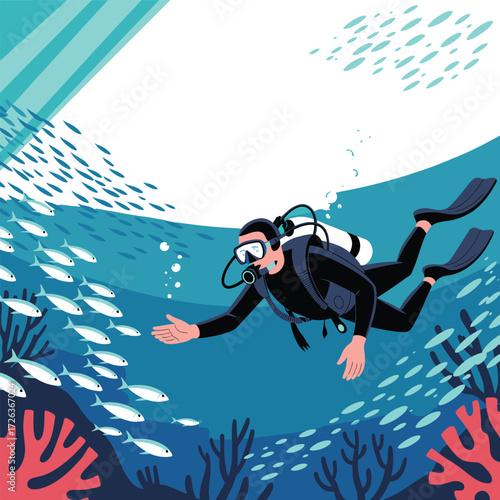 Scuba diver interacting with school of fish underwater