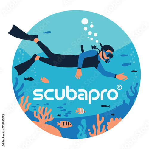Underwater exploration scuba diver with fins swimming among tropical fish marine life