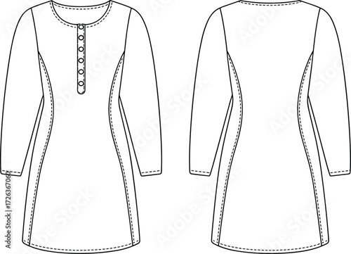 Long sleeve tunic dress flat sketch, fashion CAD technical drawing, clothing design template, vector apparel illustration, women’s dress pattern design