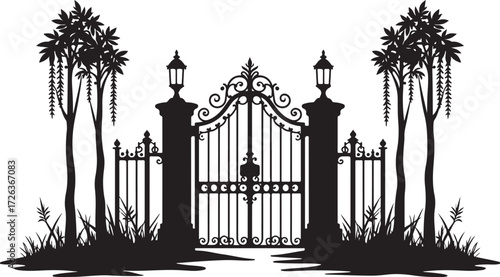 Black silhouette ornate wrought iron gate with lamps and trees 1