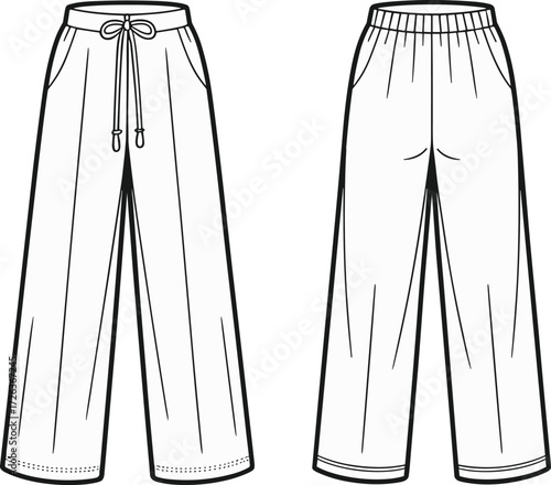 Loose fit pants front and back view, casual trouser technical drawing, CAD clothing design, flat vector illustration, garment fashion template