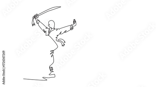 Wallpaper Mural Animated self drawing continuous line draw young man in one-legged stance, balancing gracefully while holding sword overhead, movement, skill of Shaolin Kung Fu master. Full length one line animation Torontodigital.ca