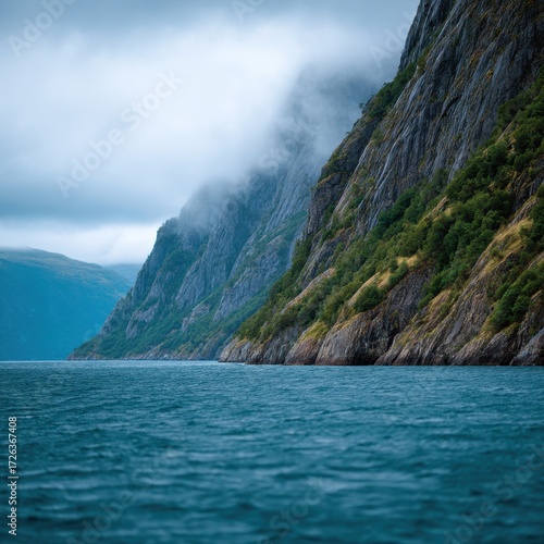 Misty Mountain Cliffs and Dark Blue Water