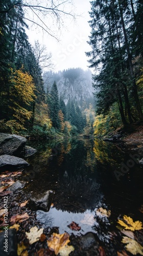 Misty Mountain Forest Pond Autumn Reflection