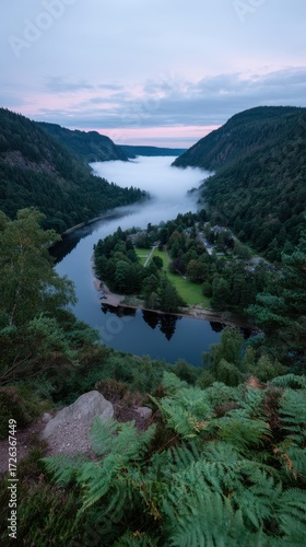 Misty River Valley at Sunrise Lush Green Landscape