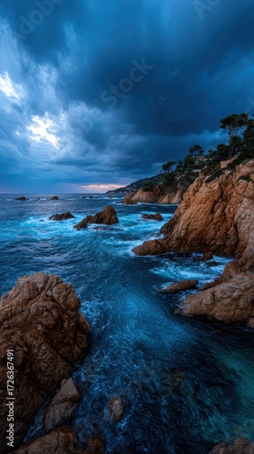 Moody Coastal Landscape Dramatic Ocean Waves Crashing Against Rocky Shore Under Stormy Sky