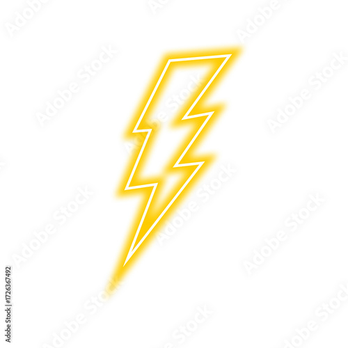 A bright yellow neon-style lightning bolt graphic, isolated on a clean white background, with a glowing effect.