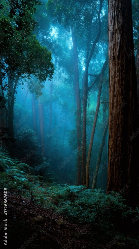 Naklejka premium Mystical Blue Forest at Dawn Fog Shrouds Tall Trees and Lush Undergrowth