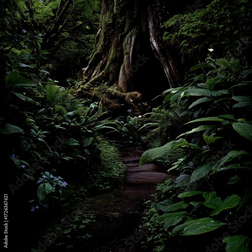 Mysterious Forest Path Dark Green Foliage, Ancient Tree, Low Light