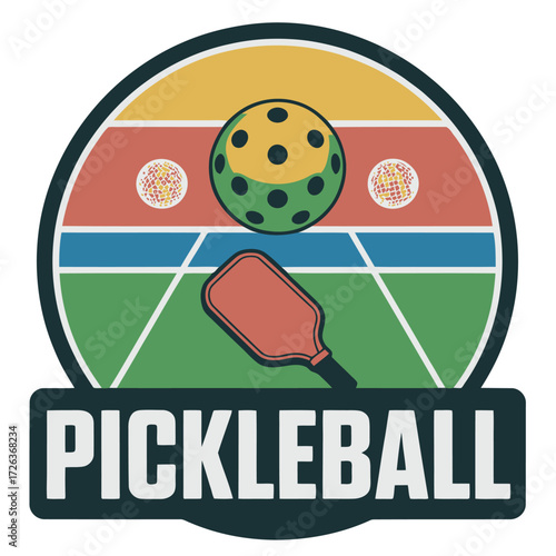 Retro pickleball sunset graphic with paddle and ball