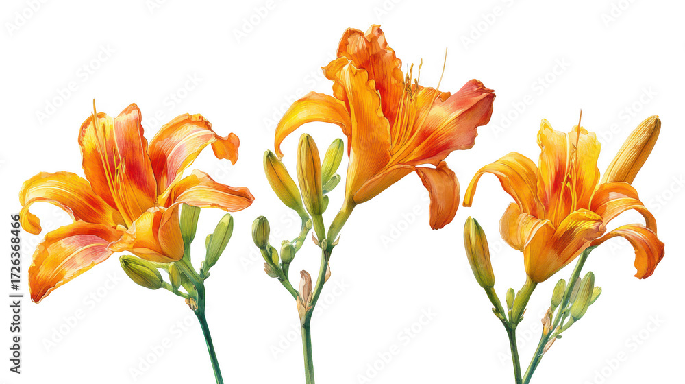 Obraz premium Three vibrant orange daylily flowers isolated on transparent background