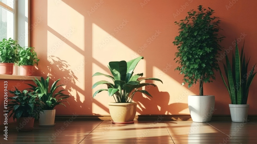 Fototapeta premium bright indoor space featuring green potted plant against vibrant orange wall, with natural light streaming in through large windows, creating warm and inviting atmosphere