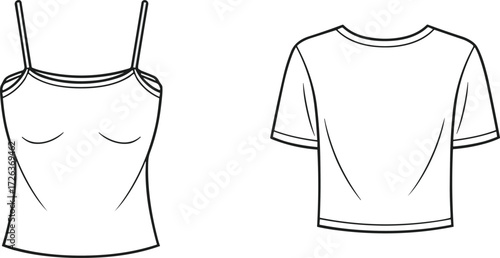 Blank camisole and crop top t-shirt fashion template, women clothing illustration, casual apparel mockup, simple garment design, vector outline drawing