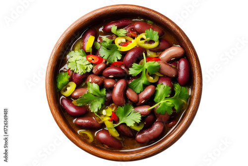 Egypt Ful medames fava bean stew with garlic, oil, lemon and cilantro in wooden bowl, top view, isolated on white transparent background, concept of Arabic healthy vegan food
