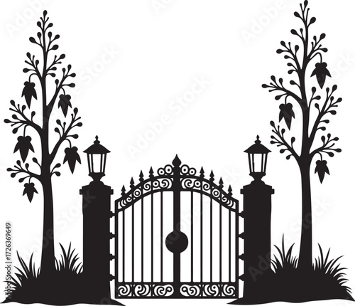 Black silhouette ornate gate with trees and lamps white 1