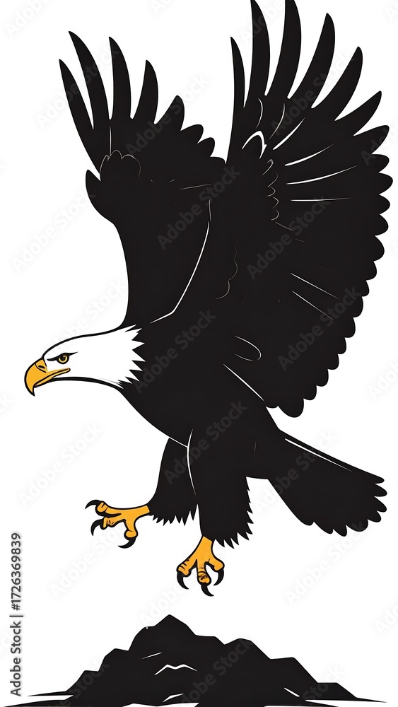 Obraz premium A bald eagle in flight, descending towards rocks