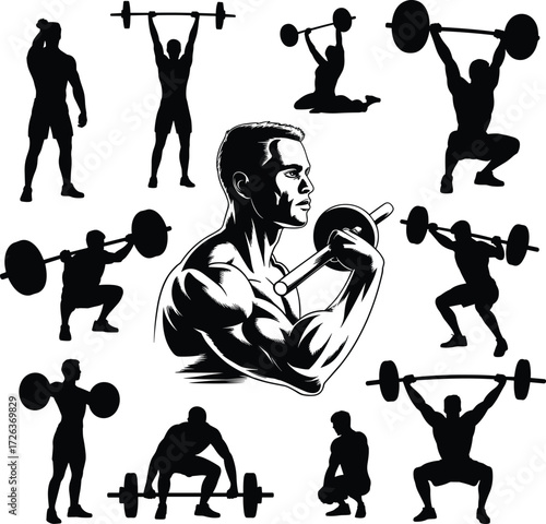 Olympic weightlifting silhouettes, clean and jerk, snatch poses, barbell lifts, muscular athlete, cartoon vector illustration, fitness training, gym workout, strength technique