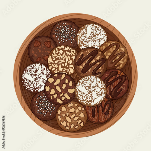 Delicious assorted chocolate energy balls in a wooden bowl offer a healthy and tempting treat, perfect for mindful snacking and sweet indulgence