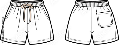 Mens shorts technical flat sketch, vector fashion cad drawing, elastic waistband with drawstring, side pockets, back patch pocket, casual summer wear