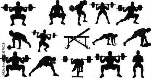 Weightlifting silhouette set, gym exercises, barbell and dumbbell poses, squats, lunges, bench press, deadlift, vector illustration, fitness training, workout routine