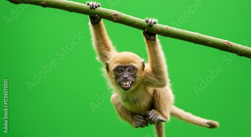 The Cheeky Forest Dweller: A Close-Up Portrait of a Smiling Monkey Clinging to Tropical Vegetation