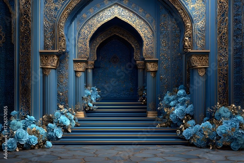 Ornate blue and gold archway with floral accents image