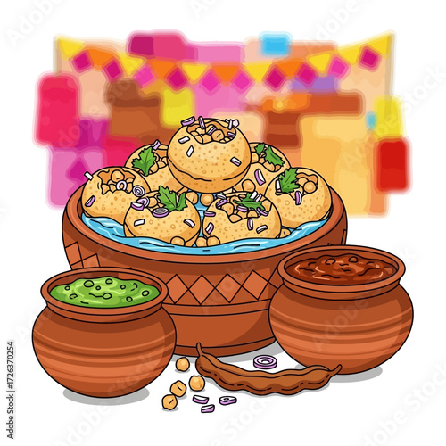 Enjoy delicious Pani Puri, a popular Indian street food snack bursting with flavor and vibrant spices, perfect for food blogs and culinary adventures