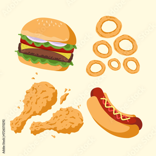 Assorted fast food items including burger hot dog fried chicken and onion rings arranged in stylized layout representing casual dining comfort food and modern snack culture