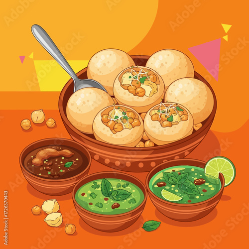 Delicious panipuri with flavorful sauces, a vibrant Indian street food feast that brings authentic culinary tradition to your table, ready to enjoy